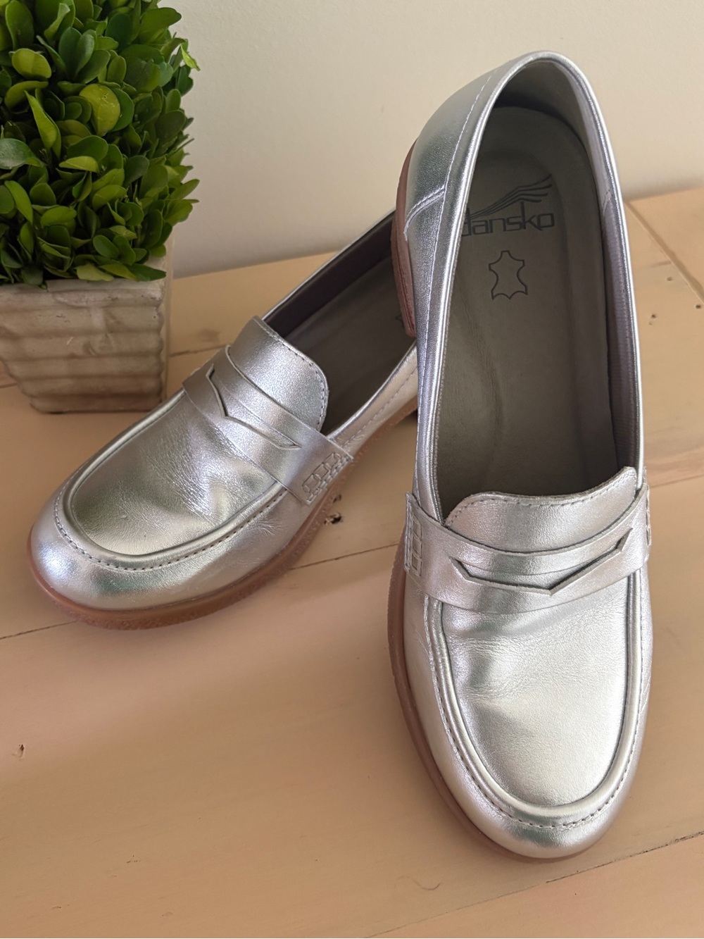 Dansko Metallic Silver Leather Penny Loafers